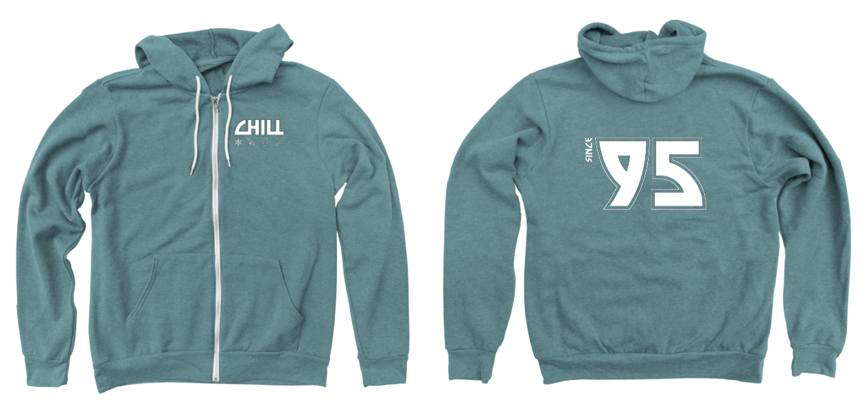 Image of a sweatshirt with Chill logo and Since '95 on the back,